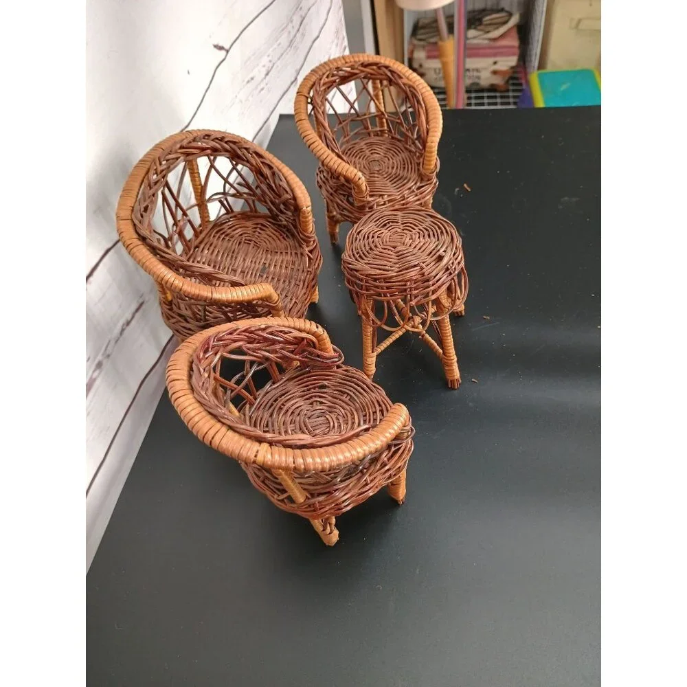 Vintage Miniature Doll 4-Pc Wicker Furniture Set Sofa + 2 Chairs & Table Handmad